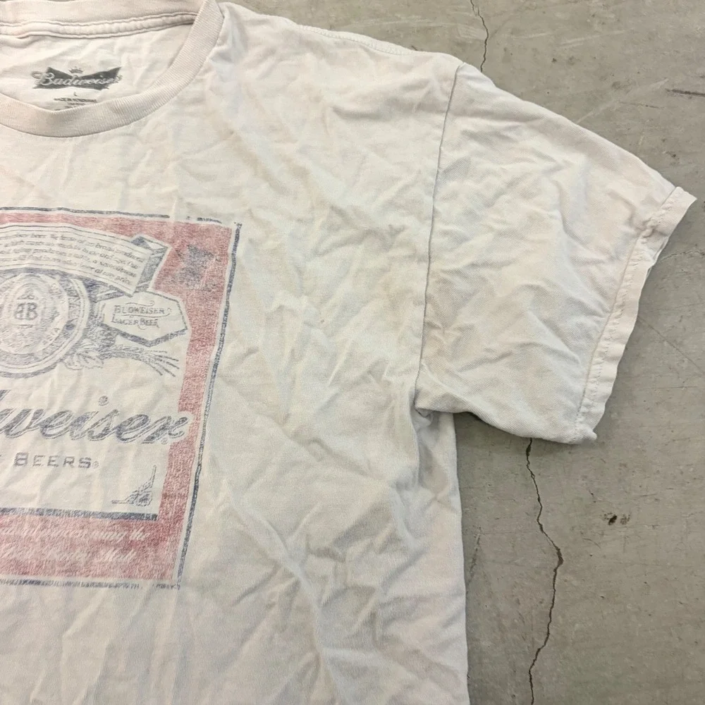 Budweiser King of Beers Graphic T-Shirt Mens Large White Distressed Beer Promo